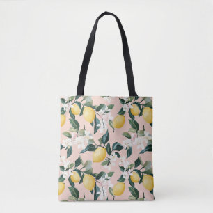 Tote Bag Motif vintage citron et fleur sur rose