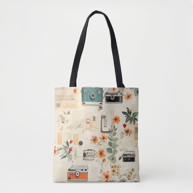 Tote Bag Motif vintage Floral & Caméra (6) (Devant)