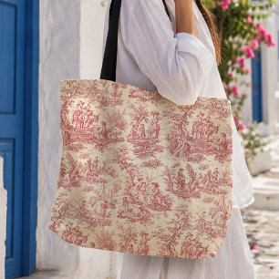 Tote Bag Motif vintage rouge Toile de Jouy