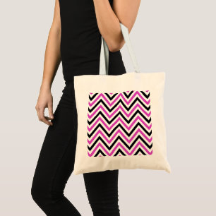 Tote Bag Motif Zigzag, Motif Chevron, Rose, Noir