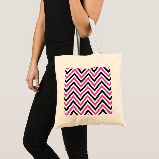 Tote Bag Motif Zigzag, Motif Chevron, Rose, Noir (Devant (produit))