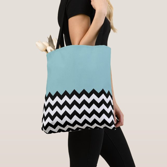 Tote Bag Motif Zigzag noir et blanc, Chevron, Bleu (De près)