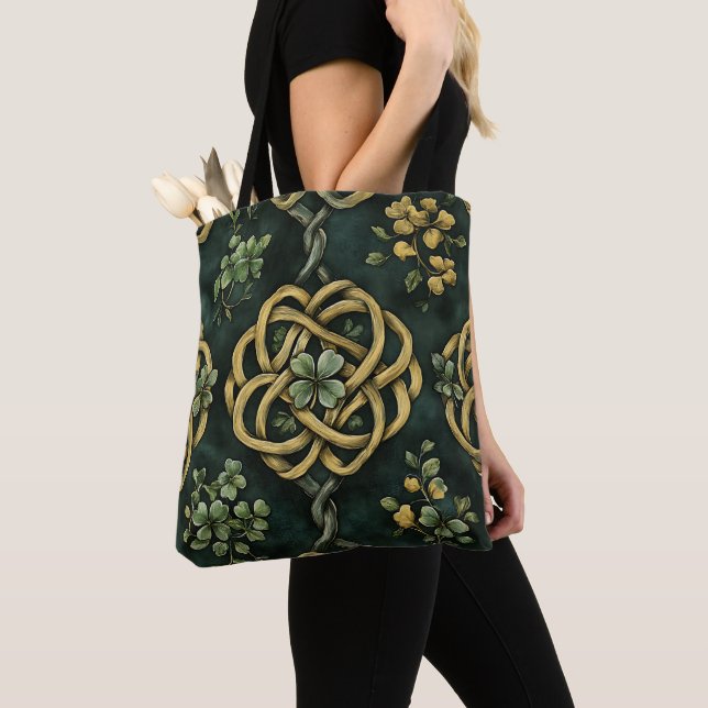 TOTE BAG MOTIFS DE COULEURS EN CELTIQUE IRLANDAIS VERT & OR (De près)