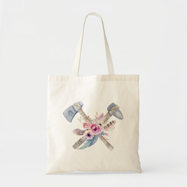 Tote Bag Motifs et fleurs Tomahawk Aquarelle Design (Devant)