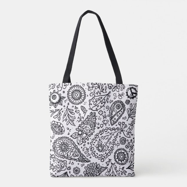 Tote Bag Motifs floraux boho dessinés à la main avec cachem (Dos)