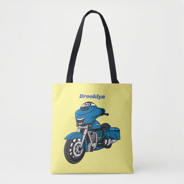 Tote Bag Motocyclette dessin animé bleu heureux mignon (Devant)