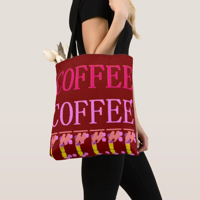 Tote Bag Mots-textes café avec couleurs motif rouge brun (De près)