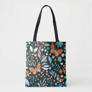 Tote Bag Mouches florales et papillons, patte décorative sa