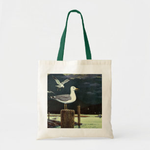 Tote Bag Mouette vintage perchée sur une jetée, oiseaux mar