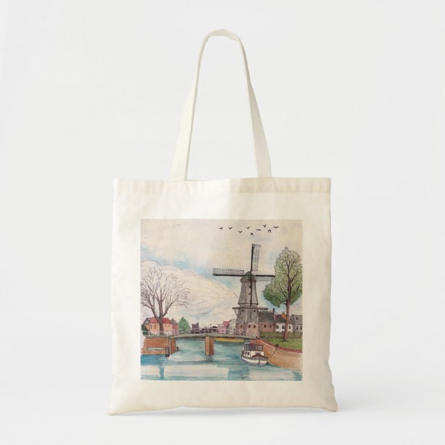 Tote Bag Moulin De Adriaan Haarlem Pays-Bas Aquarelle (Devant)