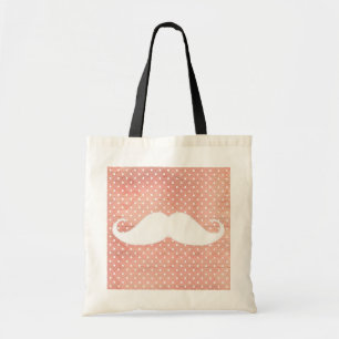 Tote Bag Moustache blanche drôle sur le motif de pois rose