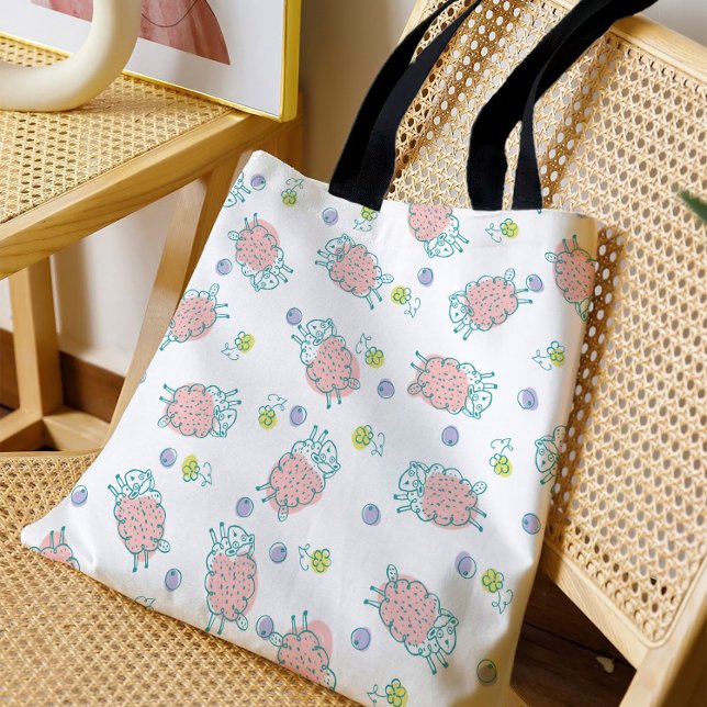 Tote Bag Mouton Rose avec Fleurs & Baies - Motif Mignon (Créateur téléchargé)