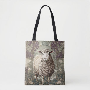 Tote Bag Moutons Élégants Fond de Fleur de Lavande