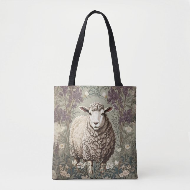 Tote Bag Moutons Élégants Fond de Fleur de Lavande (Devant)