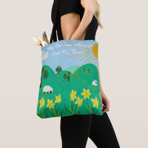 Tote Bag moutons mignons aux arbres, collines, daffodiques 