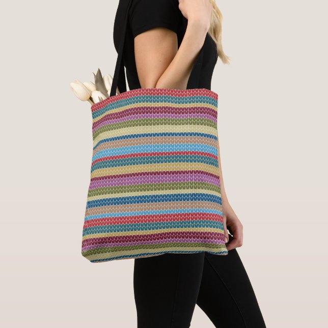 Tote Bag Multi-Couleurs Style Tricoté Rayé (De près)