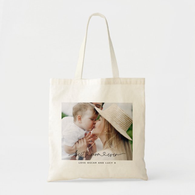Tote Bag Multi photo modern script typography best mom (Devant)