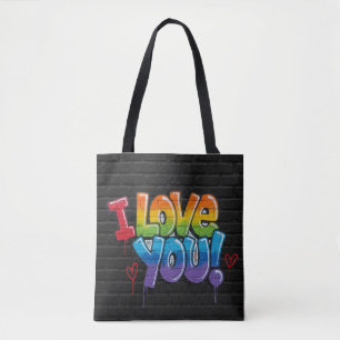 Tote Bag Mur de briques noir avec graffiti « Je t'aime ! »