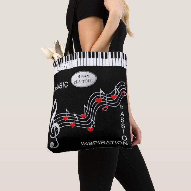 Tote Bag Musique Fourre-tout - clavier - notes - coeurs (De près)