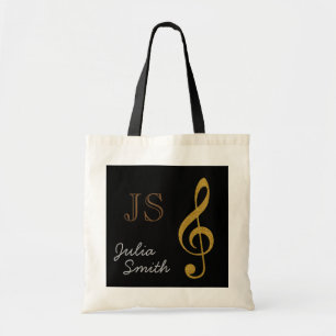 Tote Bag musique noire dorée g-clef note personnalisée