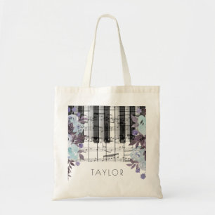 Tote Bag musique piano bleu aquarelle fleurs