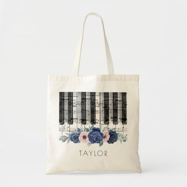 Tote Bag musique piano bleu et fleurs roses (Devant)