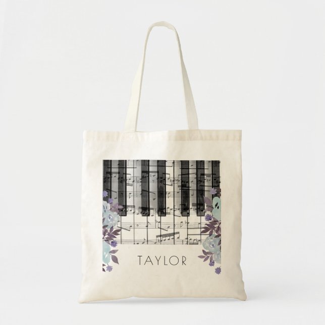 Tote Bag musique piano bleu nom floral (Devant)
