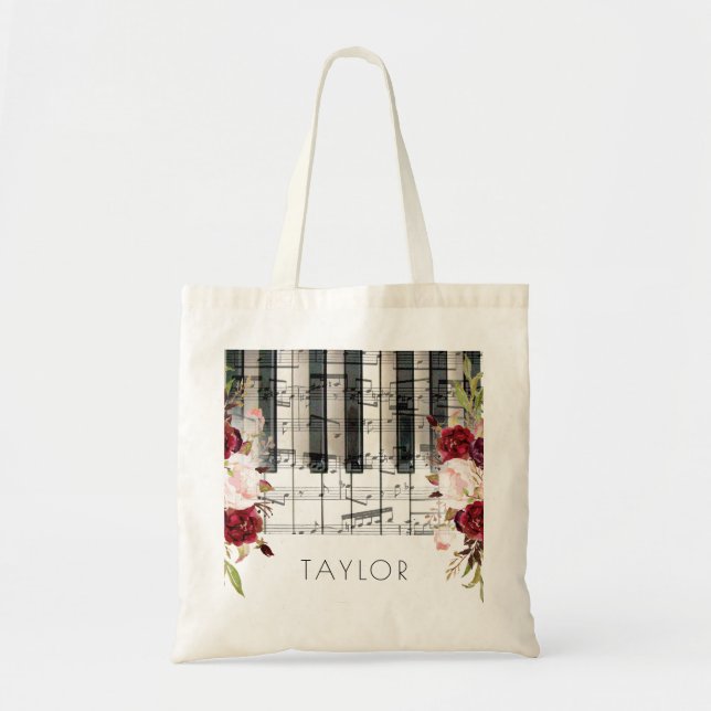 Tote Bag musique piano marsala fleurs nom (Devant)