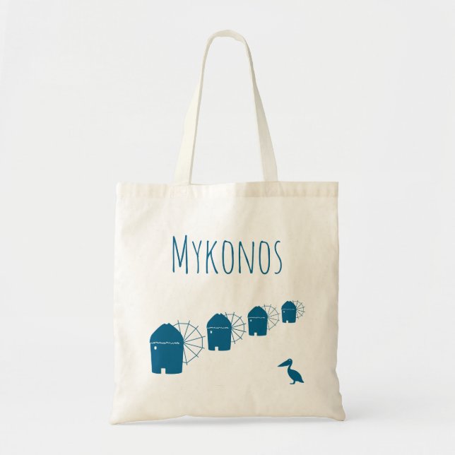 Tote Bag Mykonos, Grèce : moulins à vent et oiseau pélican (Devant)