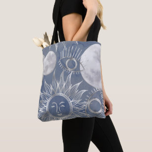 Tote Bag Mystique solaire   Dusty Blue Silver Moon Stars So