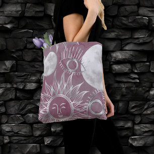 Tote Bag Mystique solaire Rose Argent Lune Étoiles Soleil