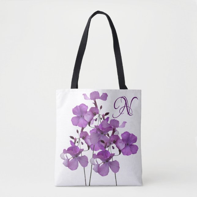 Tote Bag N monogramme jolie plage fleurie violette (Devant)