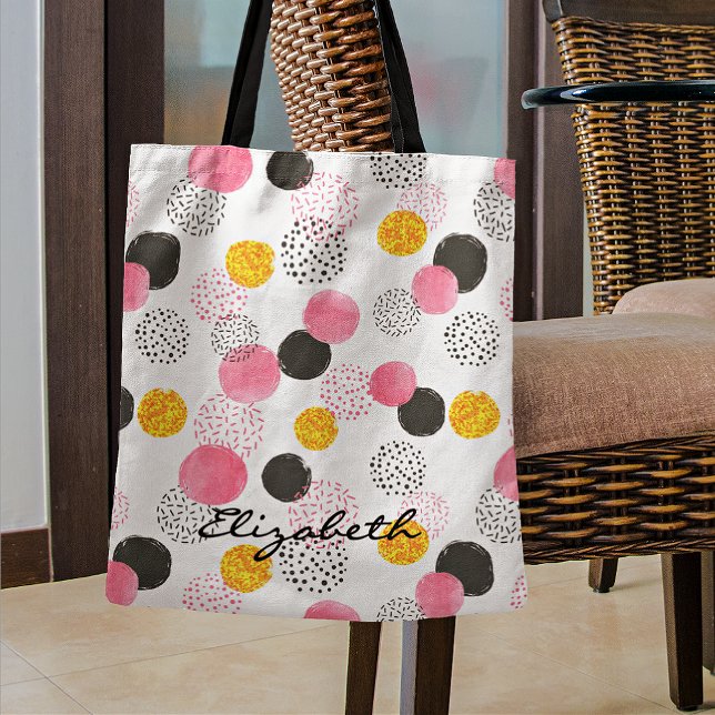 Tote Bag Name, Abstract Pattern Pink Black Gold Circles (Créateur téléchargé)