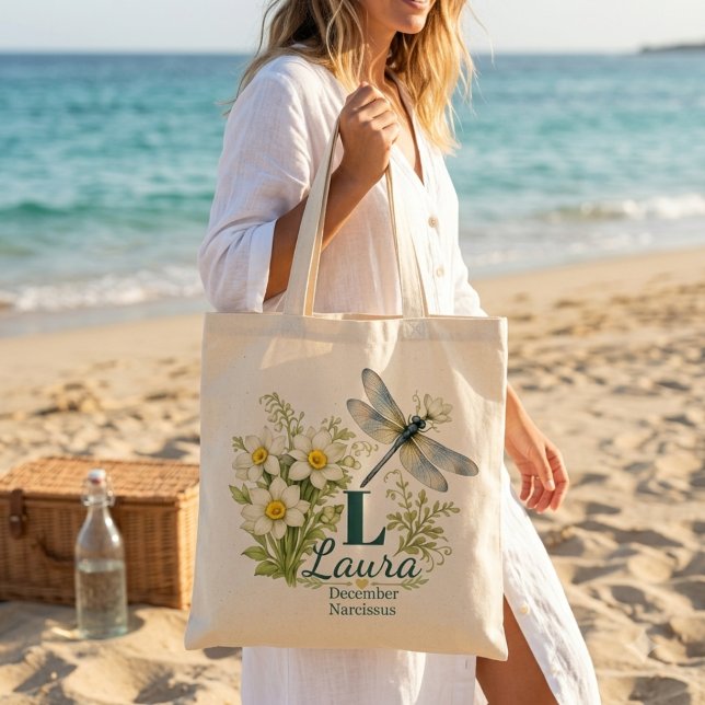 Tote Bag Narcisse et libellule, fleurs de naissance de déce (Créateur téléchargé)