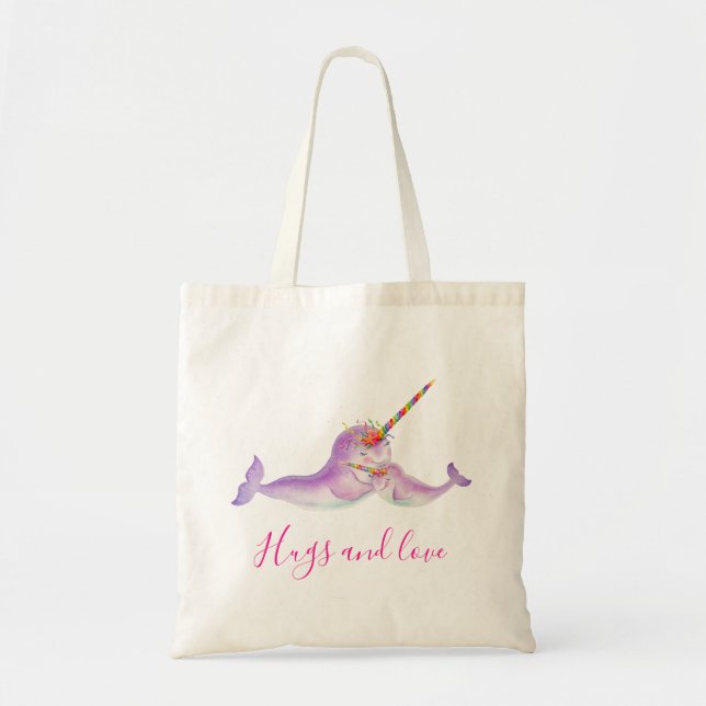Tote Bag Narwhal arc-en-ciel nom de l'aquarelle sous-marine (Devant)