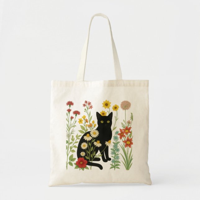 Tote Bag Nature botanique – Chat noir dans un jardin de fle (Devant)
