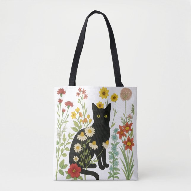 Tote Bag Nature botanique – Chat noir dans un jardin de fle (Devant)