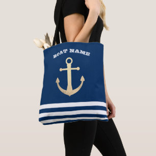 Tote Bag Nautical, Gold Anchor Navy Blue Striped