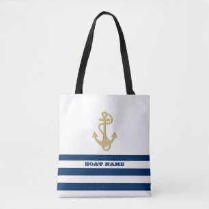 Tote Bag Nautique, Ancre d'Or  Bleu Marine Rayures Blanches