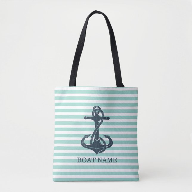 Tote Bag Nautique,Ancre,Rayes Vert Menthe (Devant)