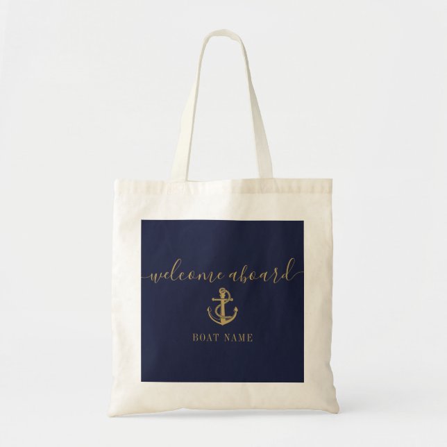 Tote Bag Nautique Nom du bateau Marine Blue Gold Welcome à  (Devant)