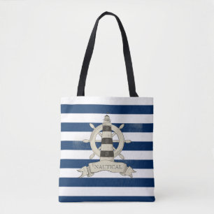 Tote Bag Nautique,Roue de bateau, Rayures bleues et blanche