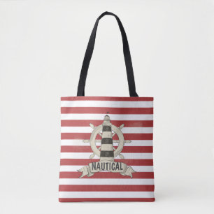 Tote Bag Nautique,Roue de Bateau, Rayures Rouges et Blanche