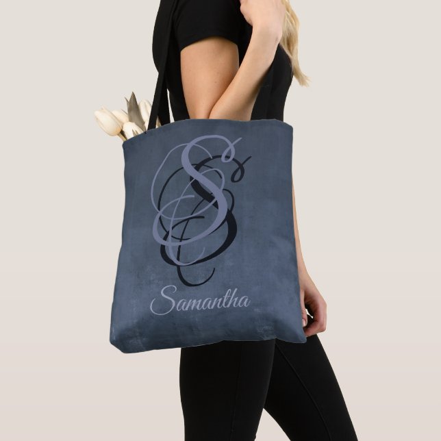 Tote Bag Navire Blue Grey Noir Monogramme rustique noir omb (De près)
