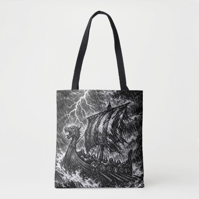 Tote Bag Navire long Viking dans la tempête — Ink Saga Art (Devant)