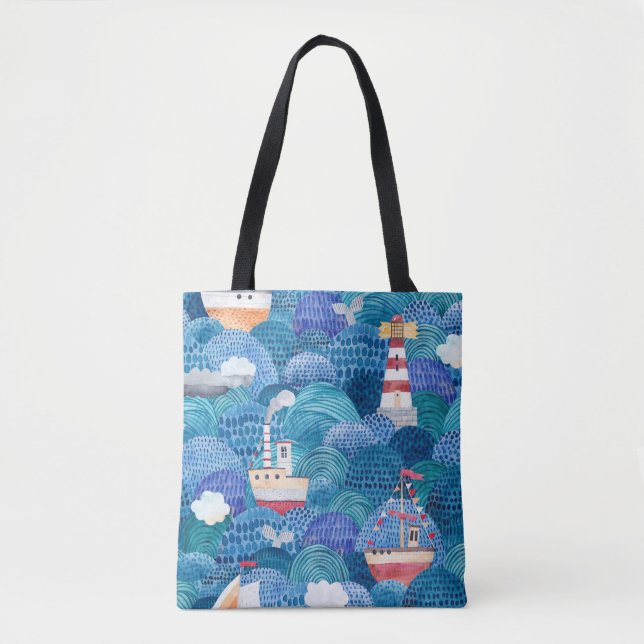 Tote Bag Navires et phare : Aquarelle pour enfants (Devant)