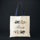 Tote Bag Navy and blush pink floral bride<br><div class="desc">A lovely floral bride's tote bag. It has navy blue and pink blush roses and you can personalize the text and colors.</div>