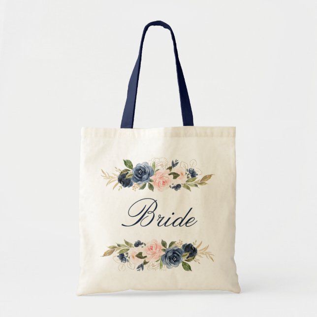 Tote Bag Navy and blush pink floral bride (Devant)