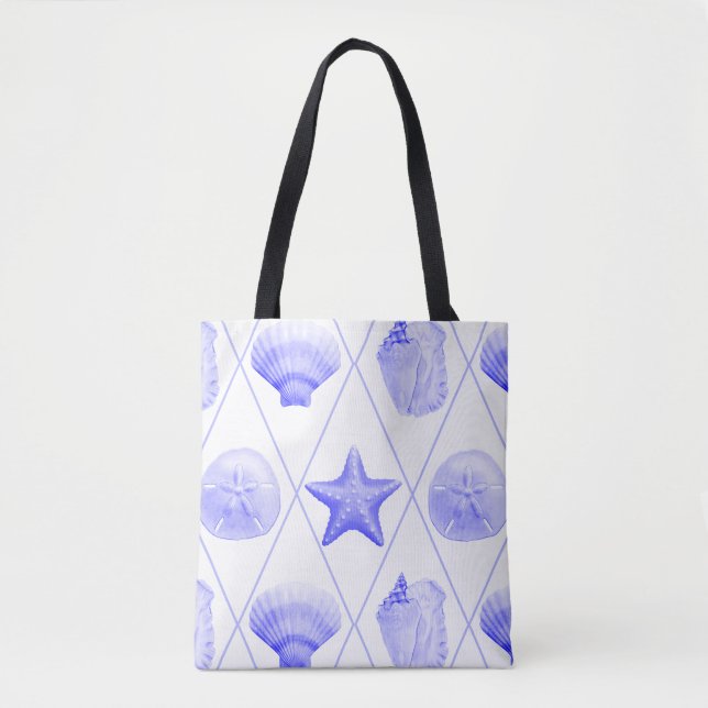 Tote Bag Navy Blue Coastal Seashells Starfish (Devant)