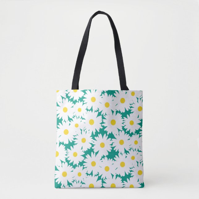 Tote Bag Négative Space Daisies blanc jaune sur vert (Devant)